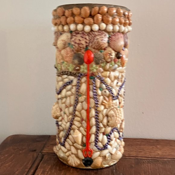 Other - Quirky Tramp Art Vase - Shells, Beads, McDonald's Spoons -1970's - One of a Kind